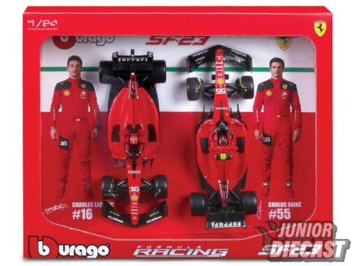 (Előrendelés) Burago 1/24 2023 Ferrari Scuderiza Ferrari SF-23 #16 Charles Leclerc with #55 Carlos Sainz- 2 car set