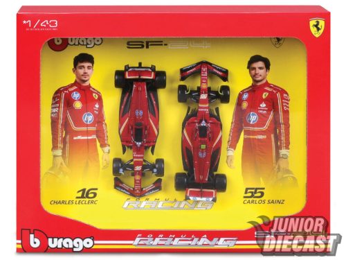 (Előrendelés) Burago 1/43 2024 Ferrari Scuderiza Ferrari SF-24 #16 Charles Leclerc with #55 Carlos Sainz- 2 car set