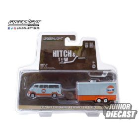   Greenlight 1/64 1972 Ford Club Wagon Gulf Oil with Enclosed Car Hauler *Hitch & Tow Series 20*